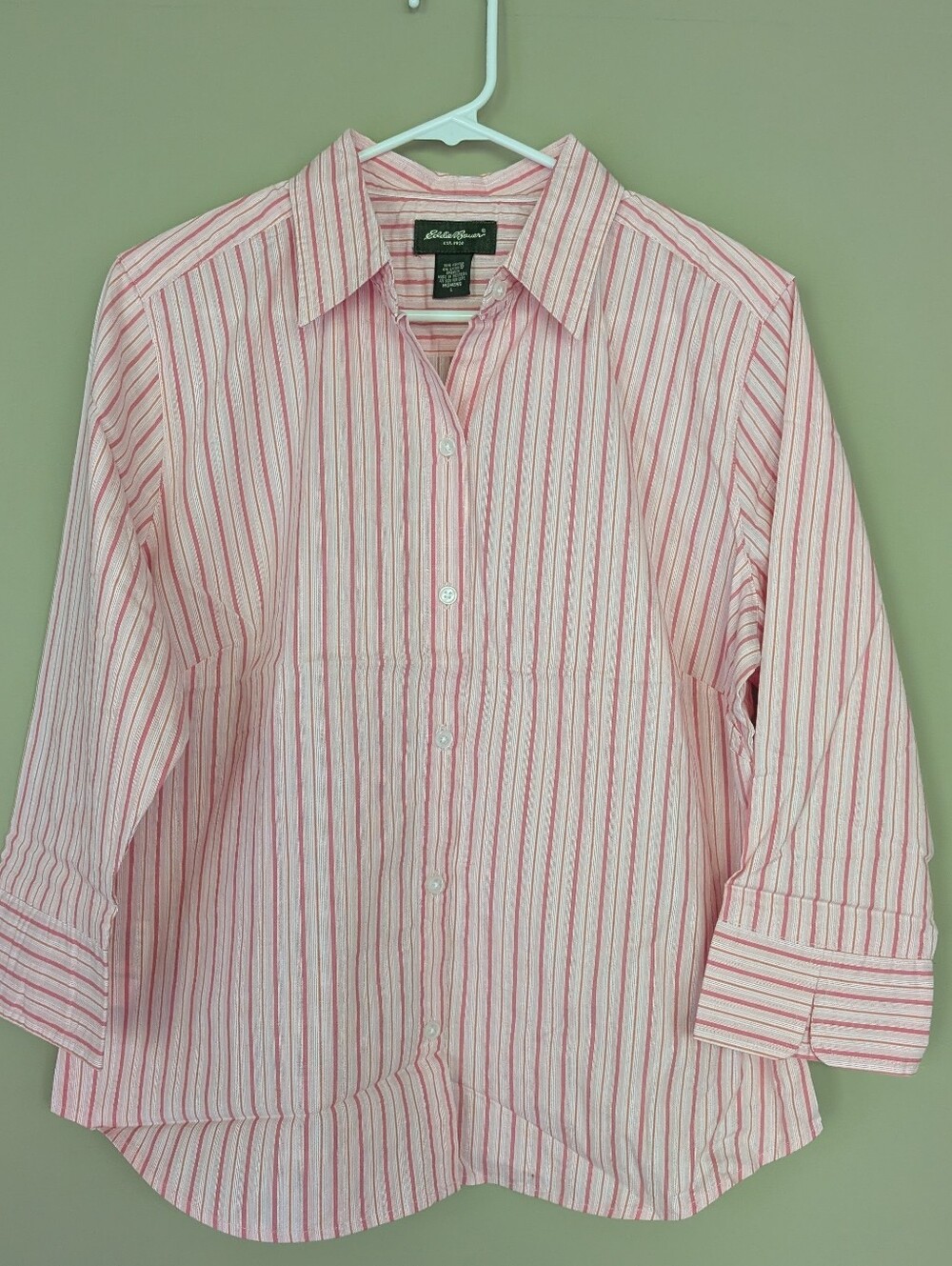 Eddie Bauer Coral Pink White Striped Women's Button-Up Shirt, Stretch Cotton